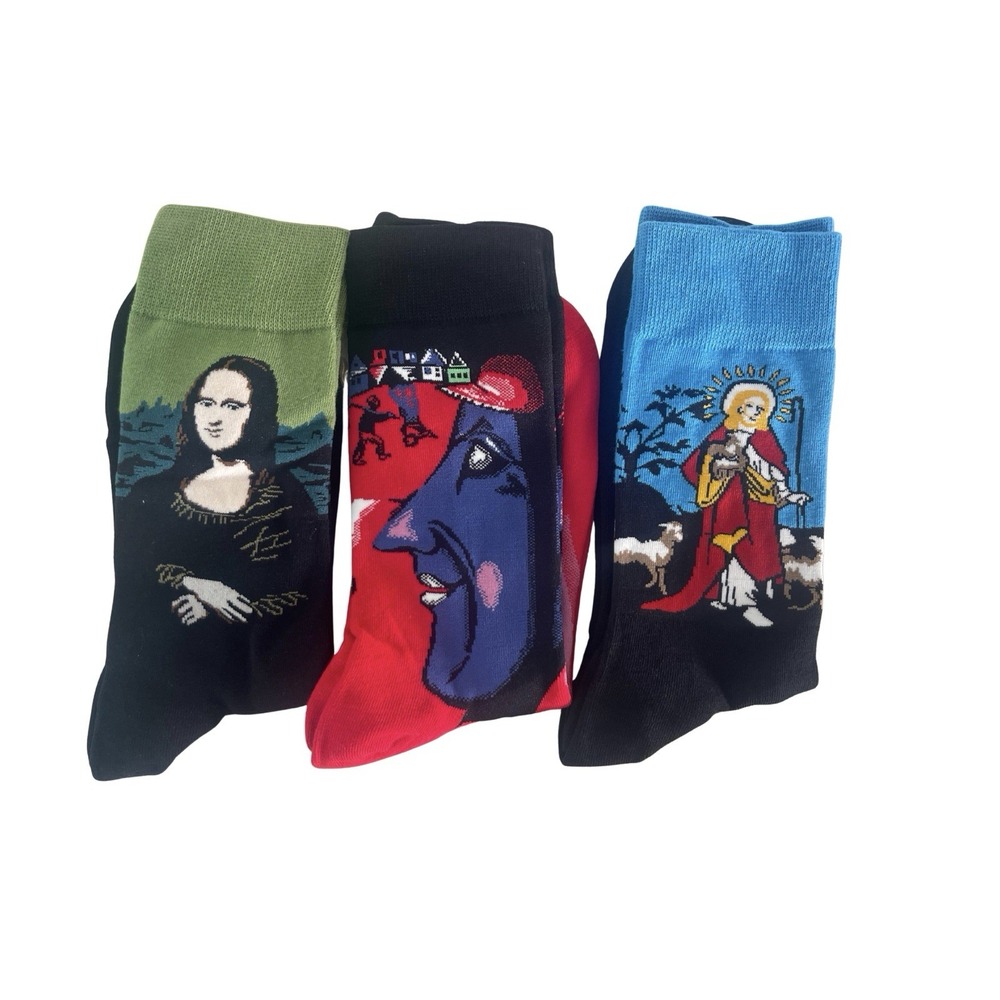3-Pairs Famous Oil Painting Socks- DaVinci Van Gogh Chagall Women's OS Art